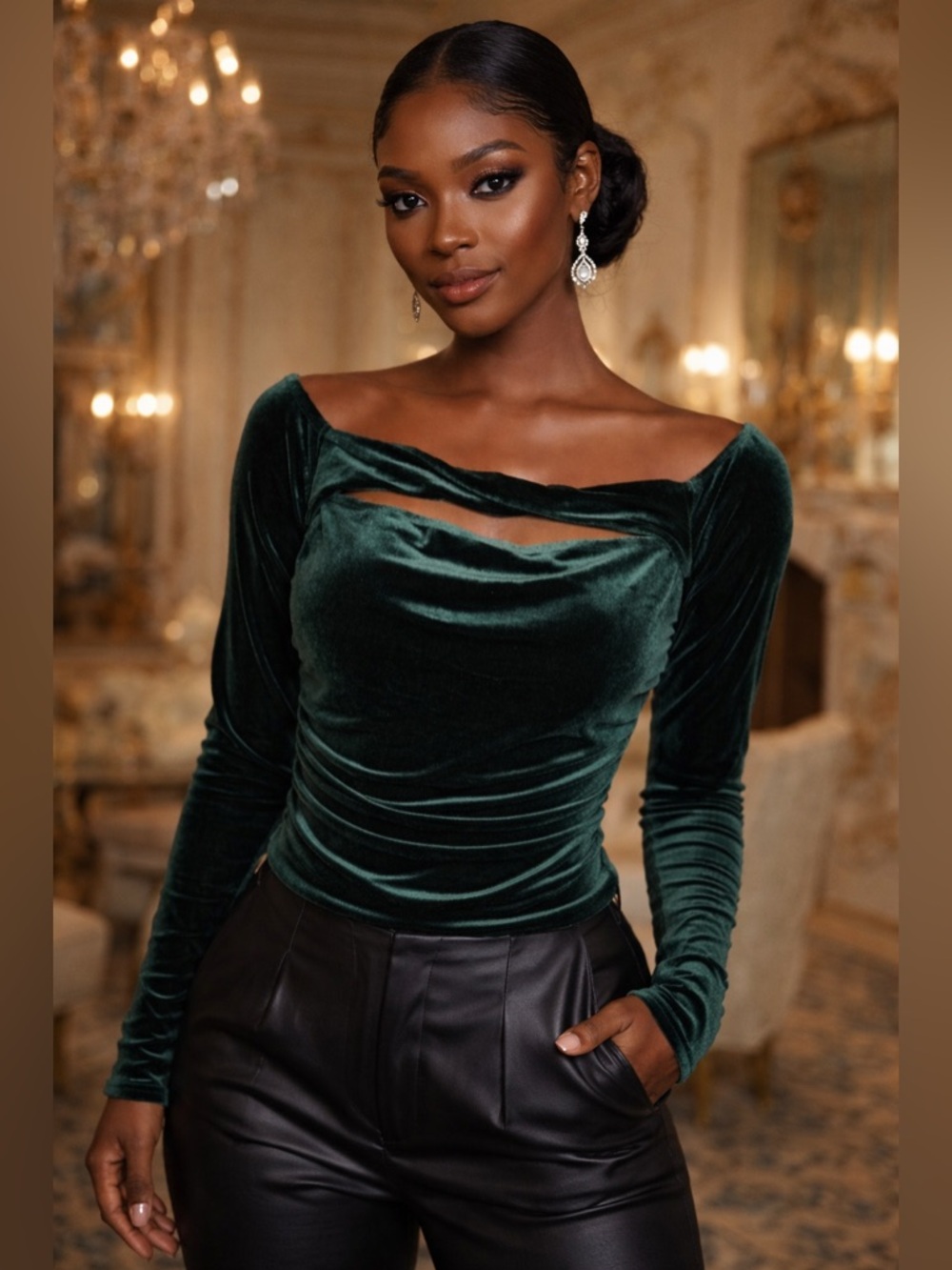 KATE KASIN- NWT Elegant Velvet Green Long Sleeve Bodysuit Size Medium